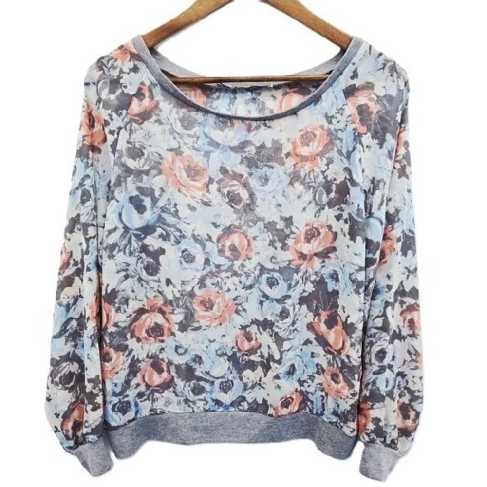 Cozycore Romantic Womens L‎ Sheer Gray Floral Long Sleeve Pullover Blouse Top